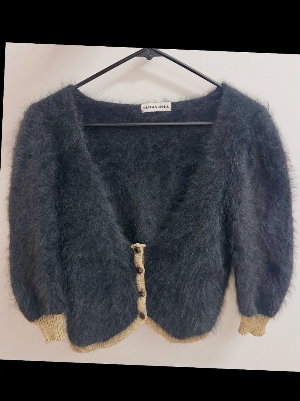 Vintage 80s Ultima Moda Fuzzy Black Angora/Wool Cardigan Sweater Gold Trm Rare M